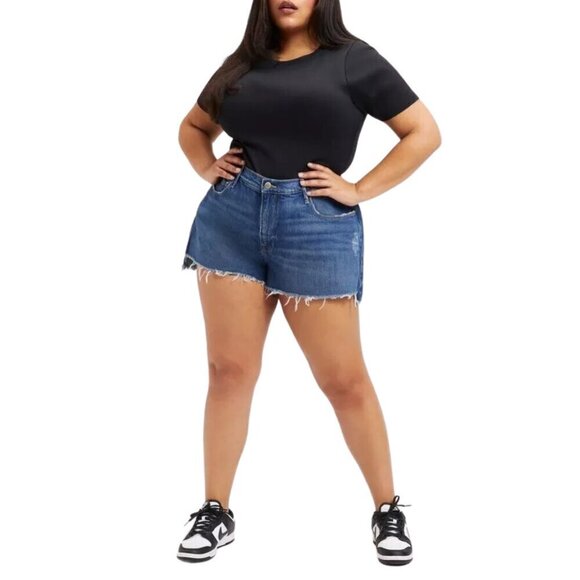 NEW Good American Good 90's Raw Hem Distressed Jean Shorts in Blue645 Sz. 22 - Picture 4 of 4